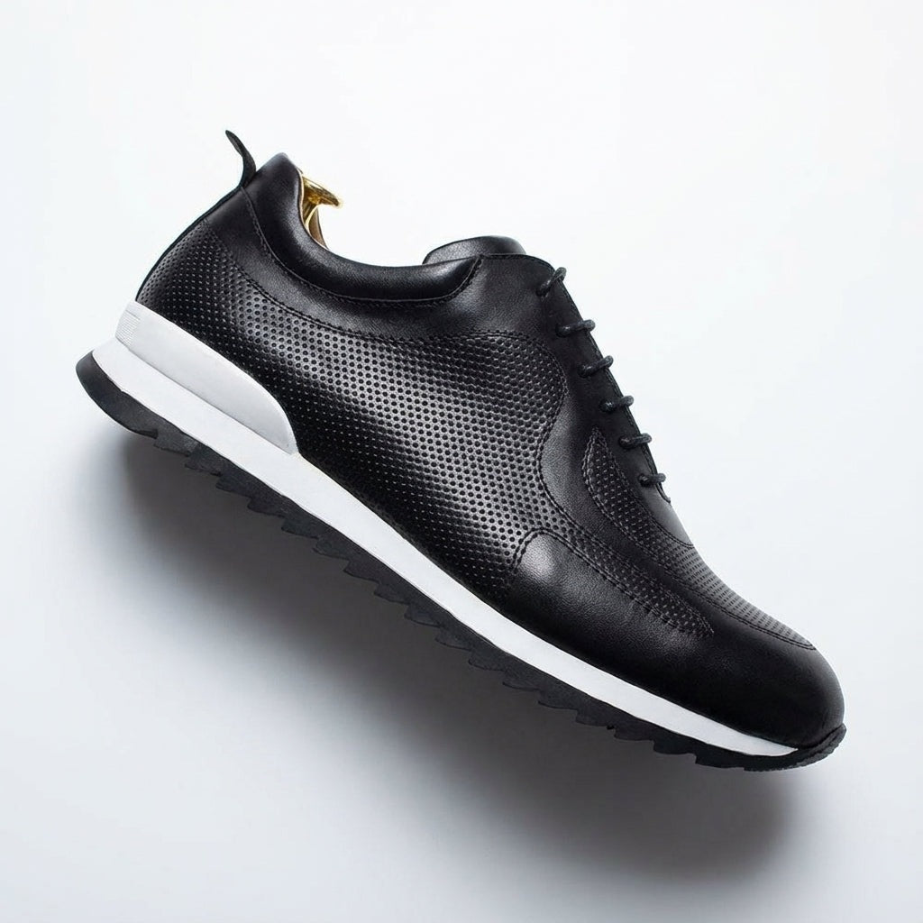 Men's glossy faux leather trainers with perforated panels and a white midsole - black