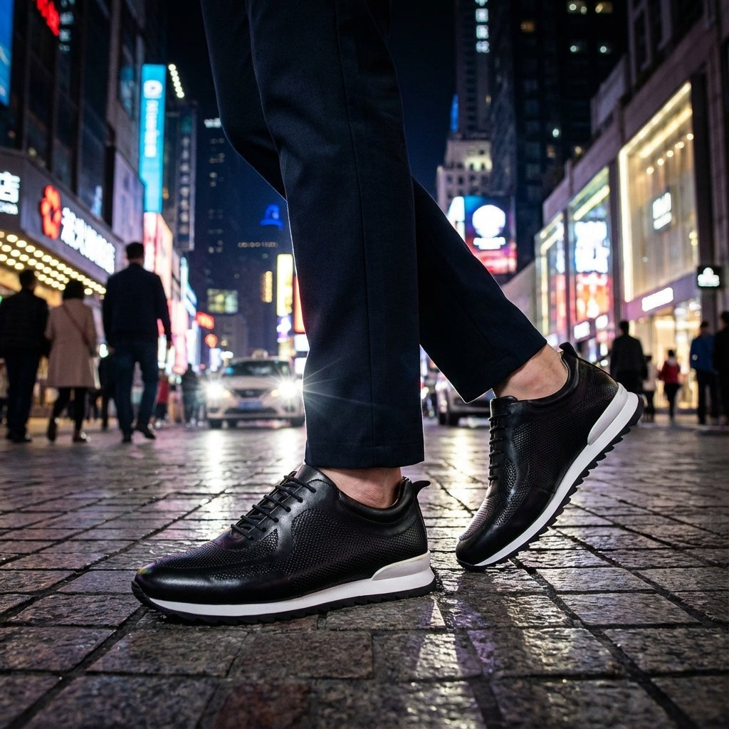 Men's glossy faux leather trainers with perforated panels and a white midsole - view 4
