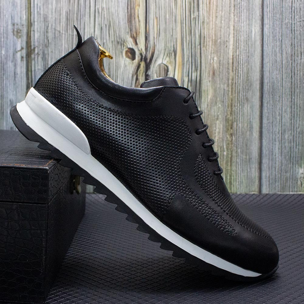 Men's glossy faux leather trainers with perforated panels and a white midsole - view 6
