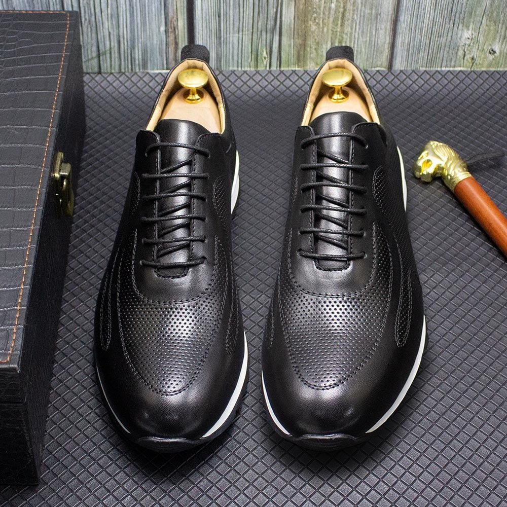Men's glossy faux leather trainers with perforated panels and a white midsole - view 8