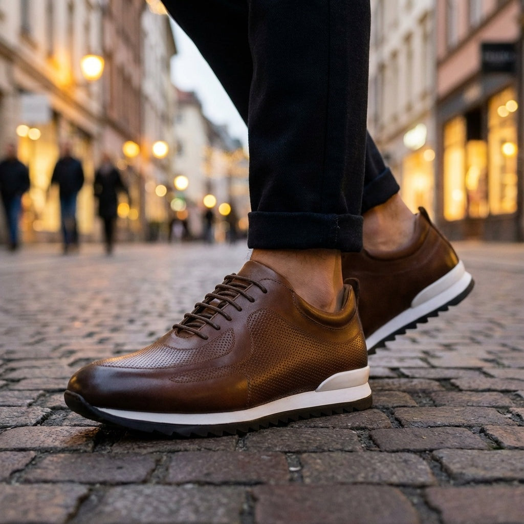 Men's glossy faux leather trainers with perforated panels and a white midsole - view 9