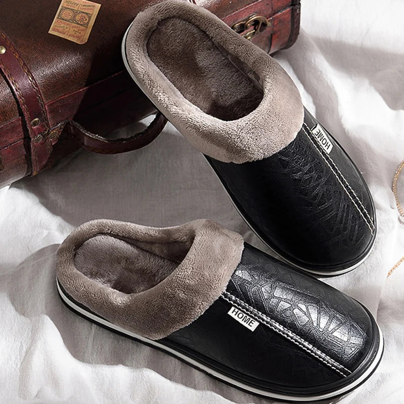 Men's mule slippers in faux leather with a plush cuff, plush lining and open heel