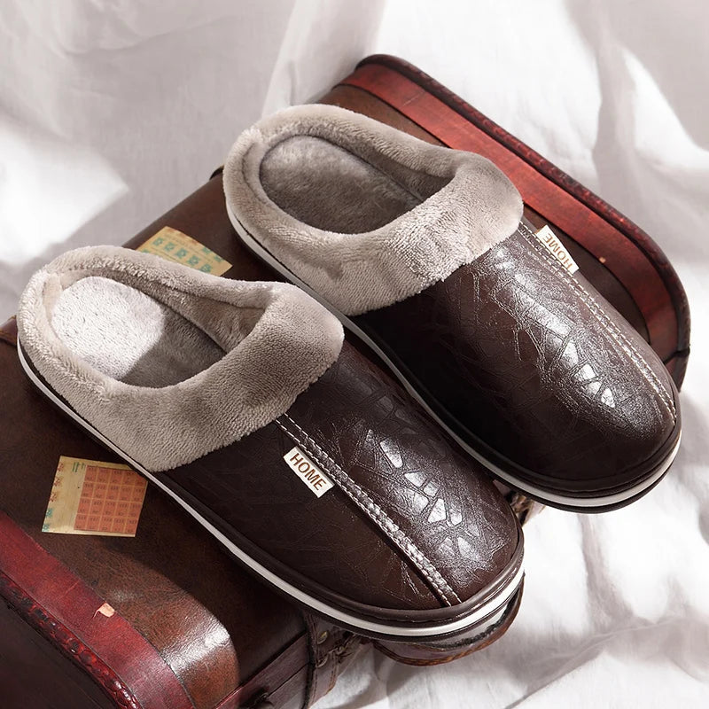Men's mule slippers in faux leather with a plush cuff, plush lining and open heel - brown