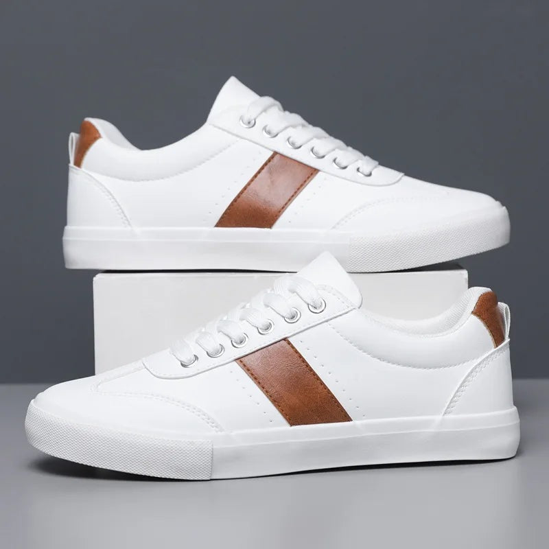 Men's faux leather trainers with a diagonal side stripe, tan heel piece and white rubber sole - white