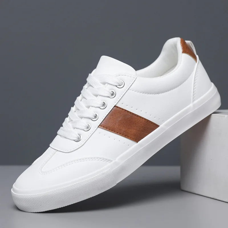 Men's faux leather trainers with a diagonal side stripe, tan heel piece and white rubber sole - view 2