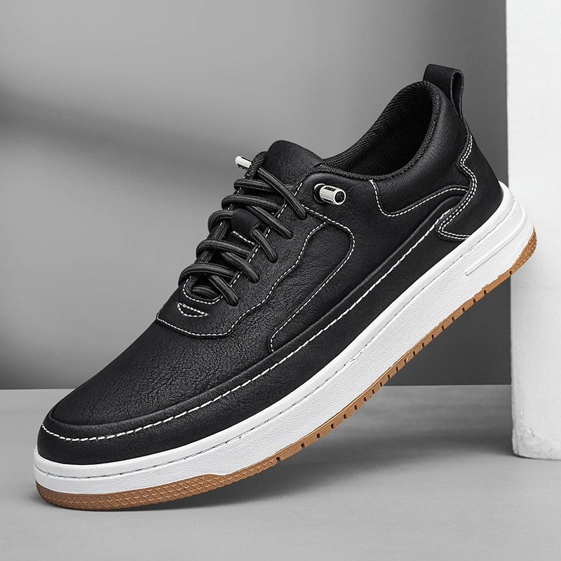 Men's low faux leather trainers with contrast stitching, a white sole and a tan outsole - view 3