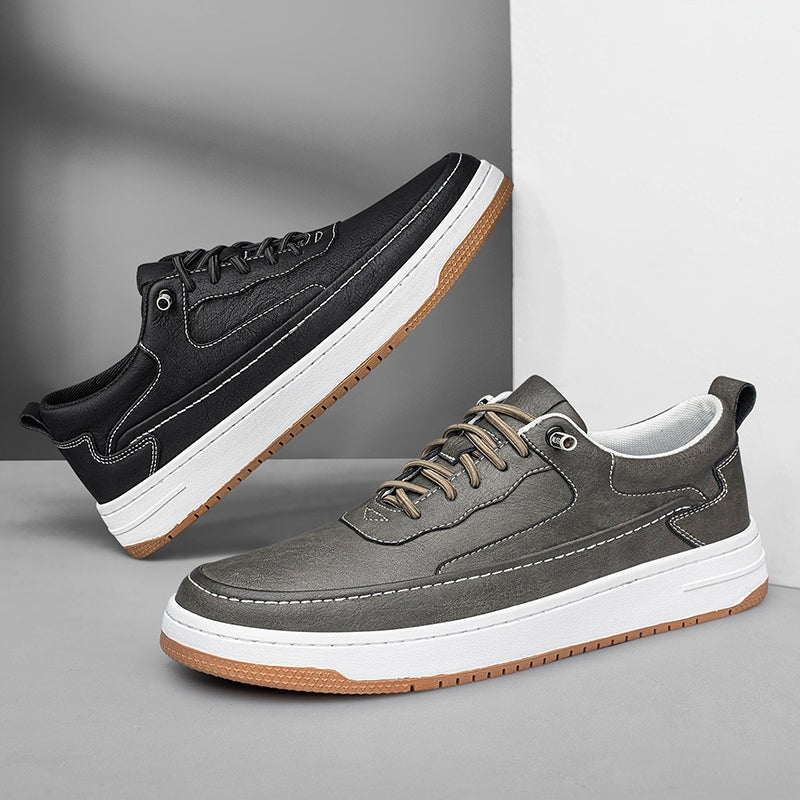 Men's low faux leather trainers with contrast stitching, a white sole and a tan outsole - view 4