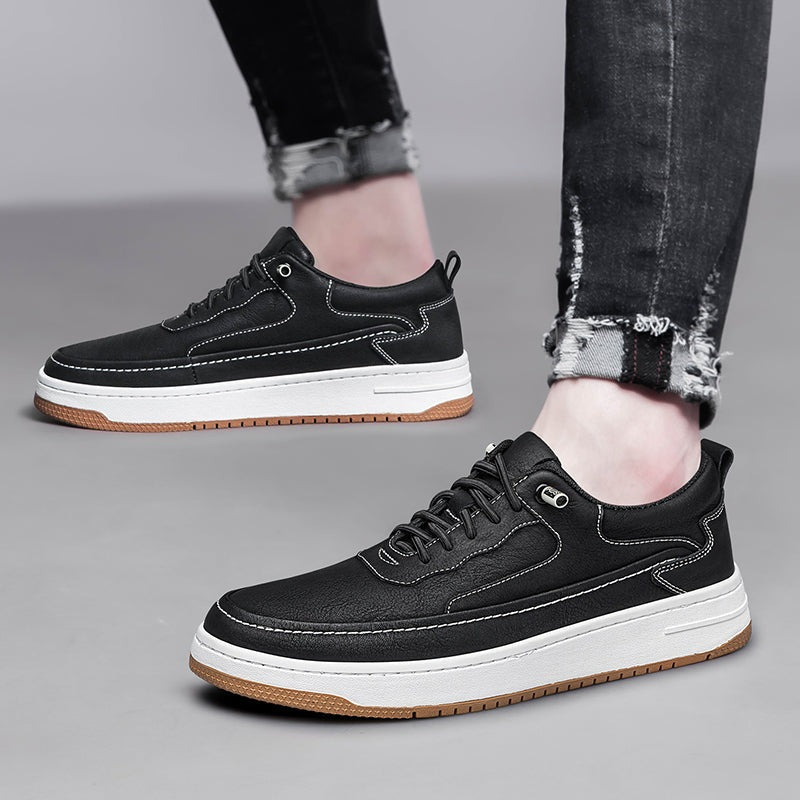 Men's low faux leather trainers with contrast stitching, a white sole and a tan outsole - view 5