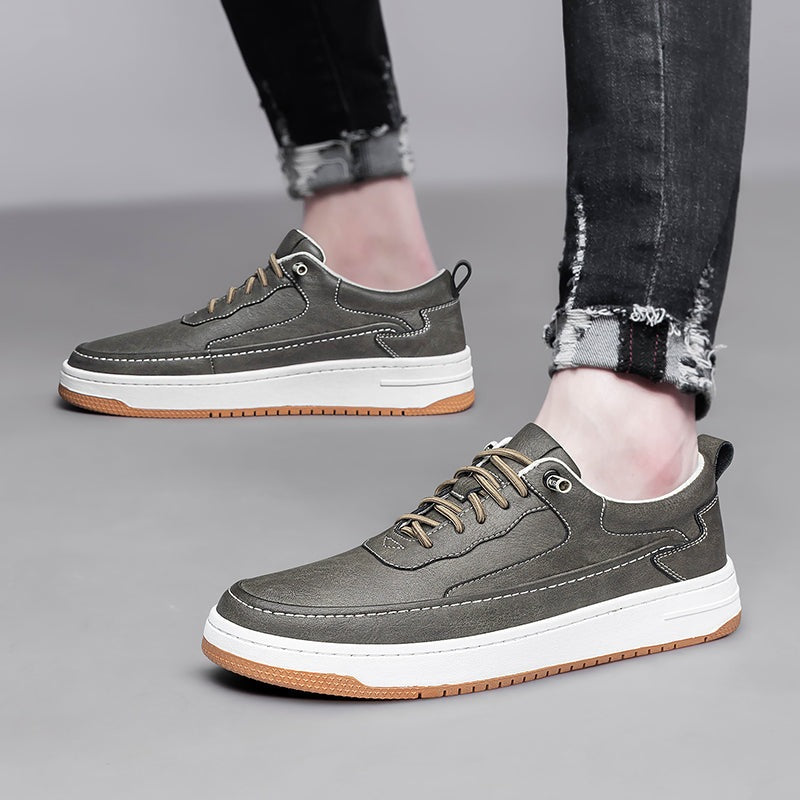 Men's low faux leather trainers with contrast stitching, a white sole and a tan outsole - view 6