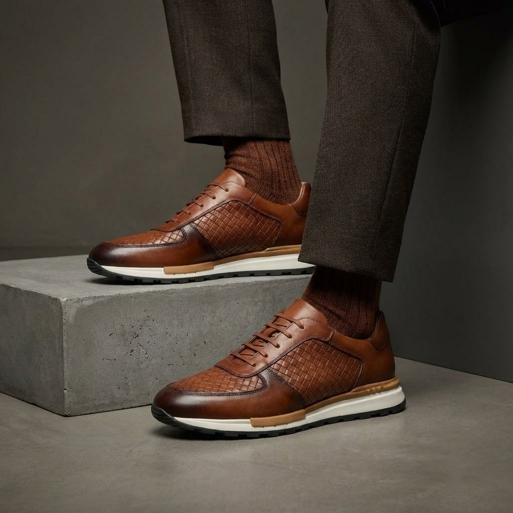 Men's faux leather trainers with an embossed woven texture and a white treaded sole - cognac