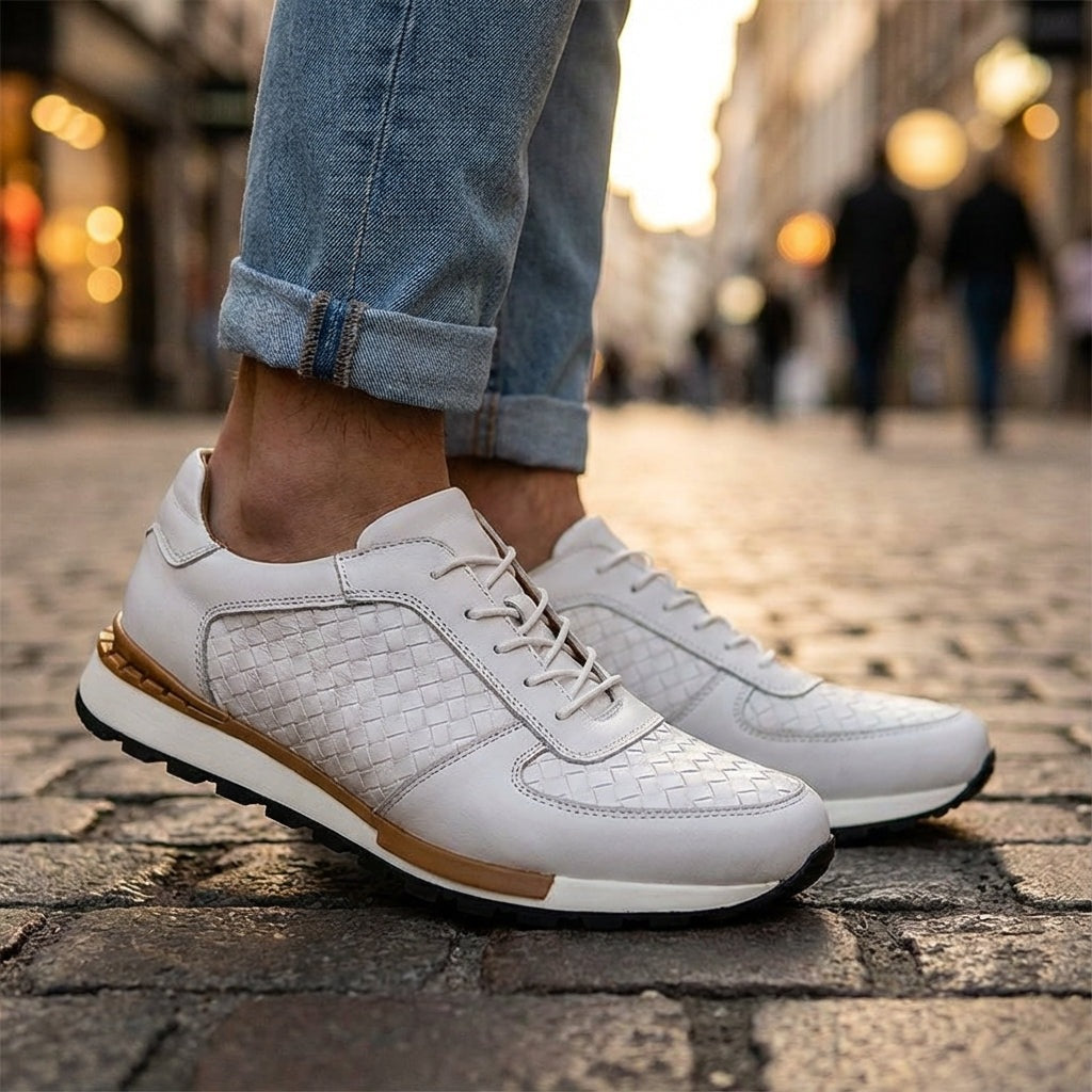 Men's faux leather trainers with an embossed woven texture and a white treaded sole - view 10