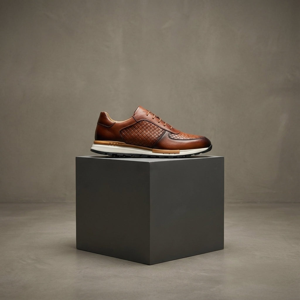 Men's faux leather trainers with an embossed woven texture and a white treaded sole - view 2