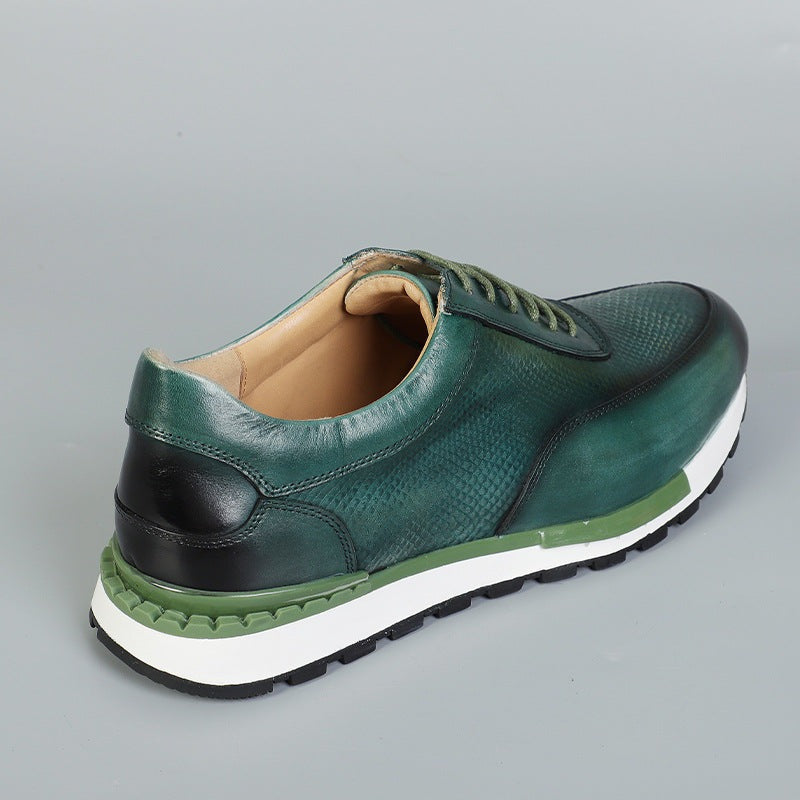 Men's faux leather trainers with an embossed woven texture and a white treaded sole - view 8