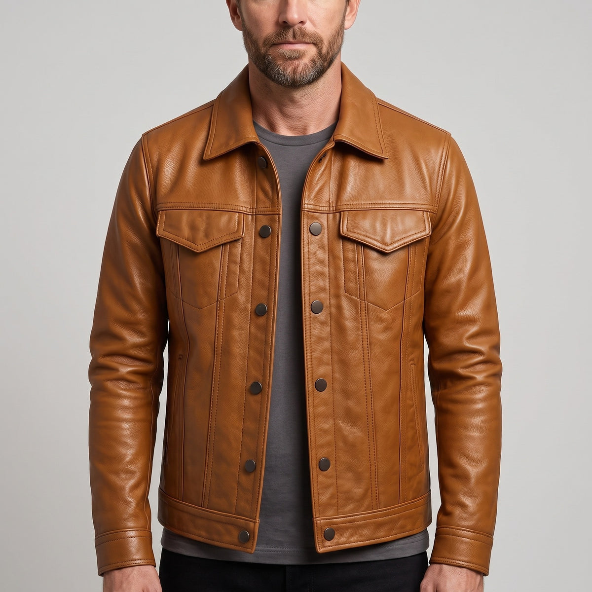 Men's faux leather trucker jacket with chest pockets - tan
