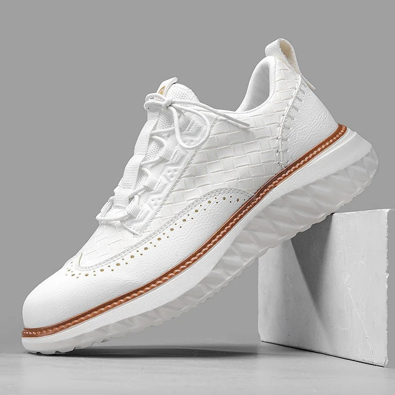Men's faux leather trainers with a woven texture, brogue toe and white diamond-tread sole - white