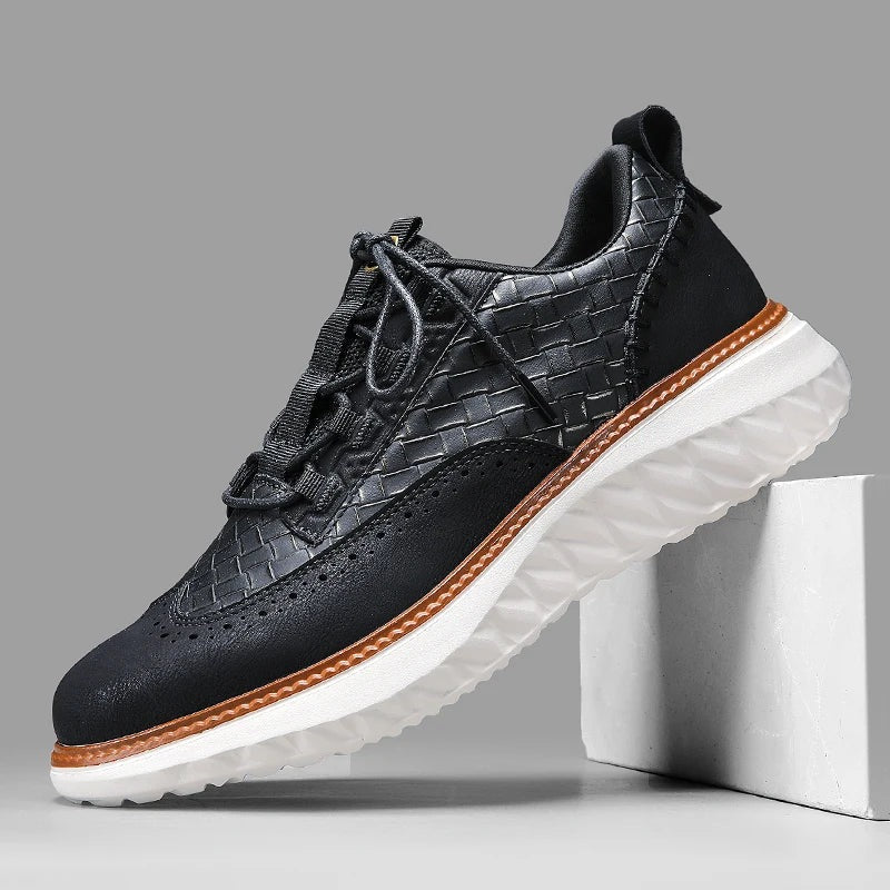 Men's faux leather trainers with a woven texture, brogue toe and white diamond-tread sole - black