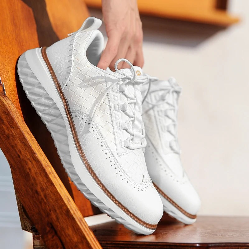 Men's faux leather trainers with a woven texture, brogue toe and white diamond-tread sole - view 6