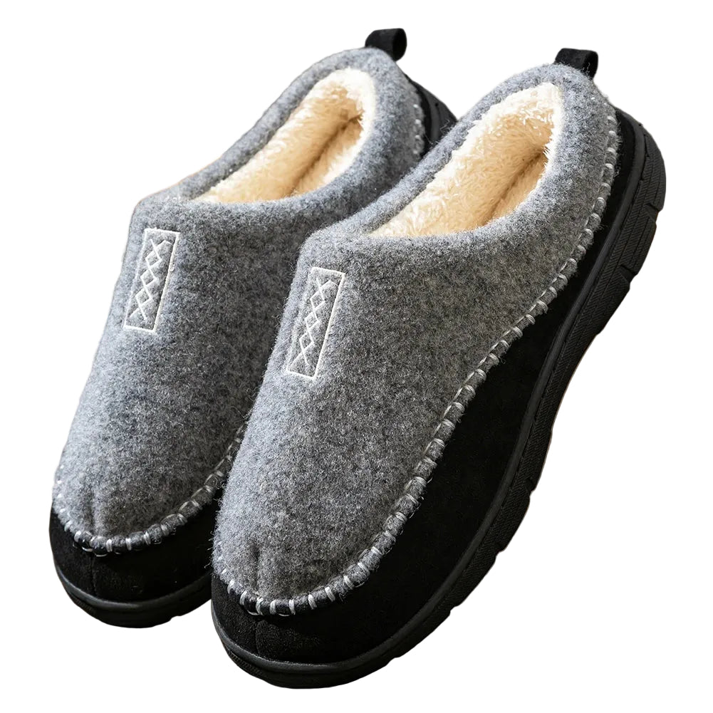 Men's felt-look slippers with teddy lining and a stitched suede look trim - light grey