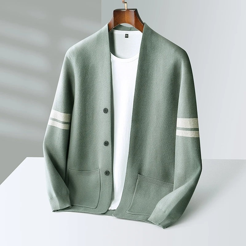 Men's fine knit V-neck cardigan with decorative buttons and sleeve stripes - view 2