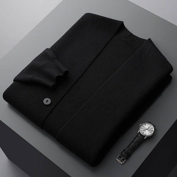 Men's fine knit V-neck cardigan with decorative buttons and sleeve stripes - view 7