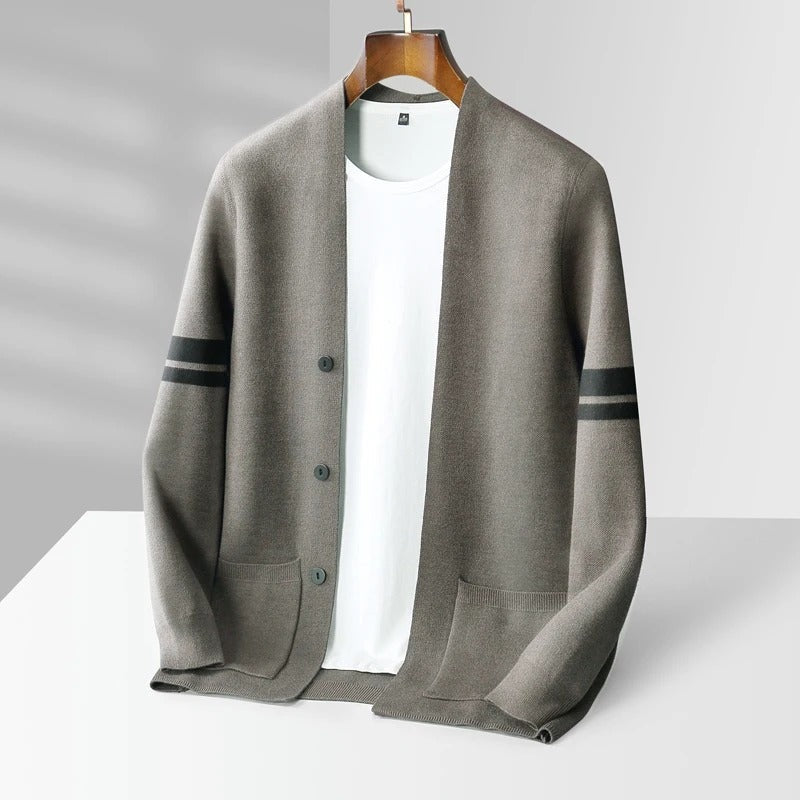 Men's fine knit V-neck cardigan with decorative buttons and sleeve stripes - taupe