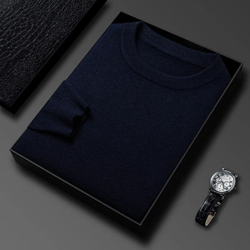 Men's fine knit crew neck jumper with narrow ribbed trims - navy