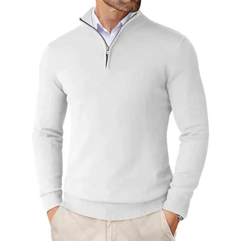 Men's fine knit slim fit half-zip jumper with a stand collar - white