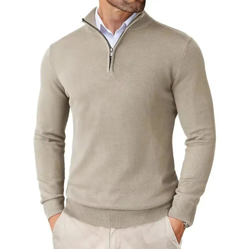 Men's fine knit slim fit half-zip jumper with a stand collar - beige