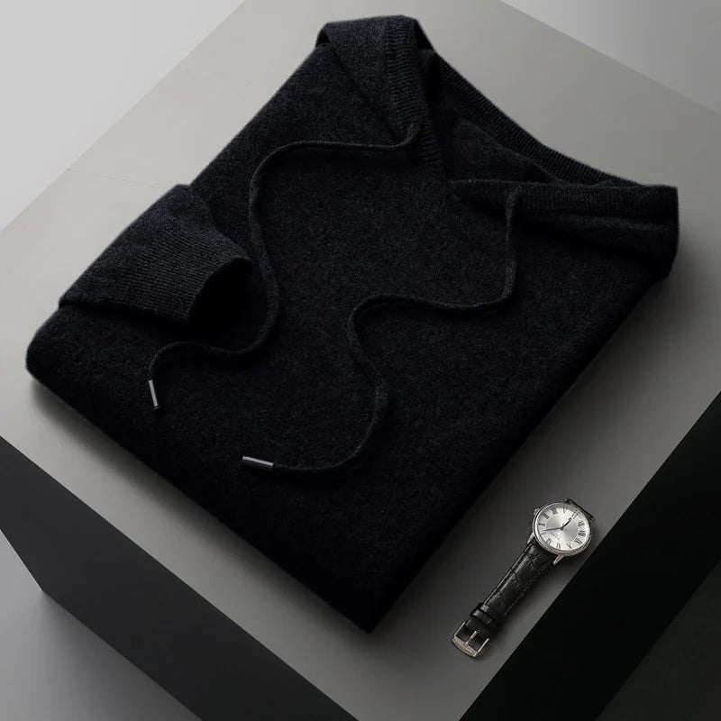 Men's fine knit hoodie with a drawcord hood and ribbed cuffs and hem - black