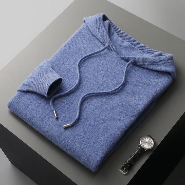Men's fine knit hoodie with a drawcord hood and ribbed cuffs and hem - denim blue