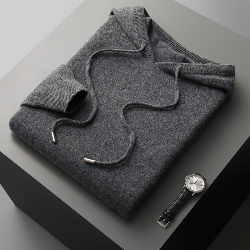 Men's fine knit hoodie with a drawcord hood and ribbed cuffs and hem - charcoal