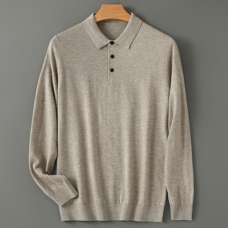 Men's fine knit long sleeve polo with a flat collar and three buttons - beige