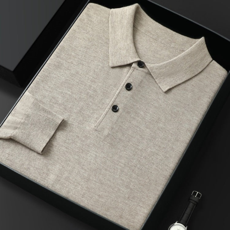 Men's fine knit long sleeve polo with a flat collar and three buttons - view 7