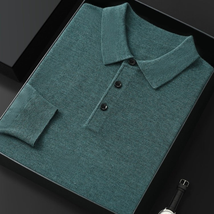 Men's fine knit long sleeve polo with a flat collar and three buttons - view 8