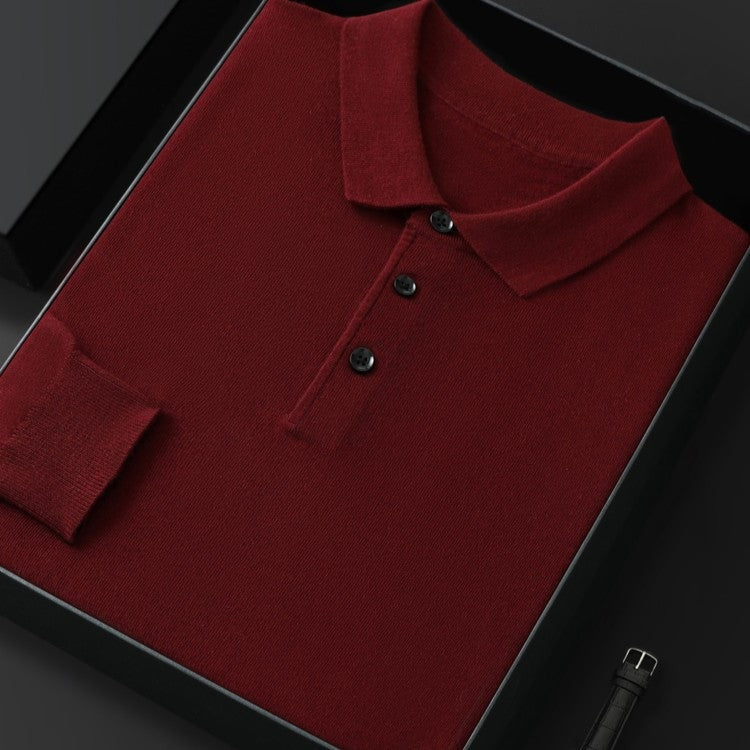 Men's fine knit long sleeve polo with a flat collar and three buttons - view 9