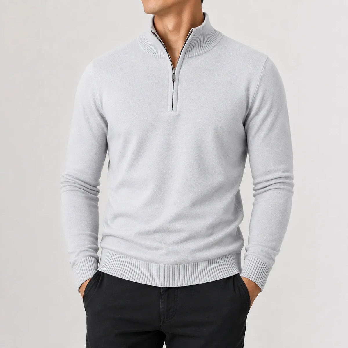 Men's fine knit quarter-zip jumper with ribbed trims - light grey