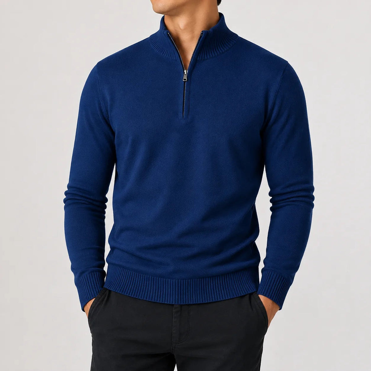 Men's fine knit quarter-zip jumper with ribbed trims - navy