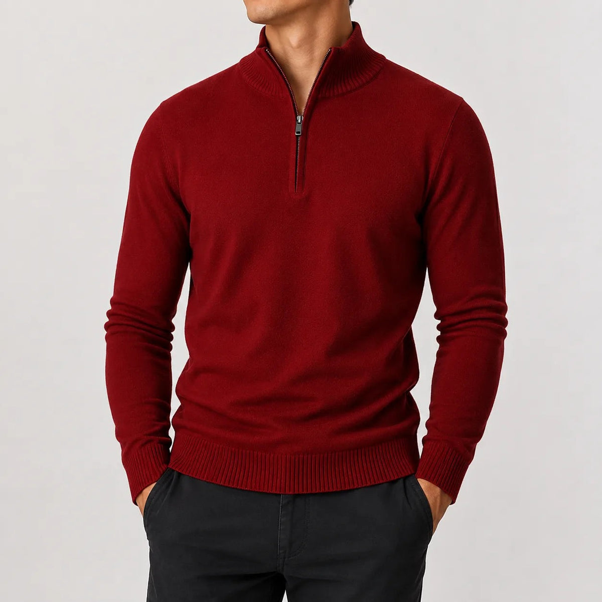 Men's fine knit quarter-zip jumper with ribbed trims - dark red