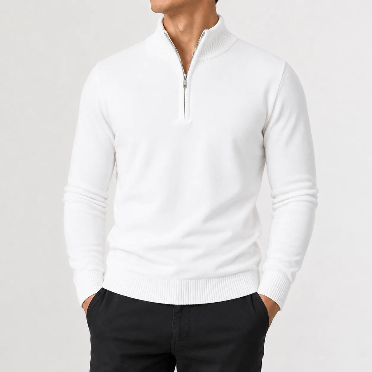 Men's fine knit quarter-zip jumper with ribbed trims - white
