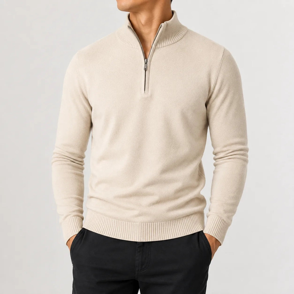 Men's fine knit quarter-zip jumper with ribbed trims - cream