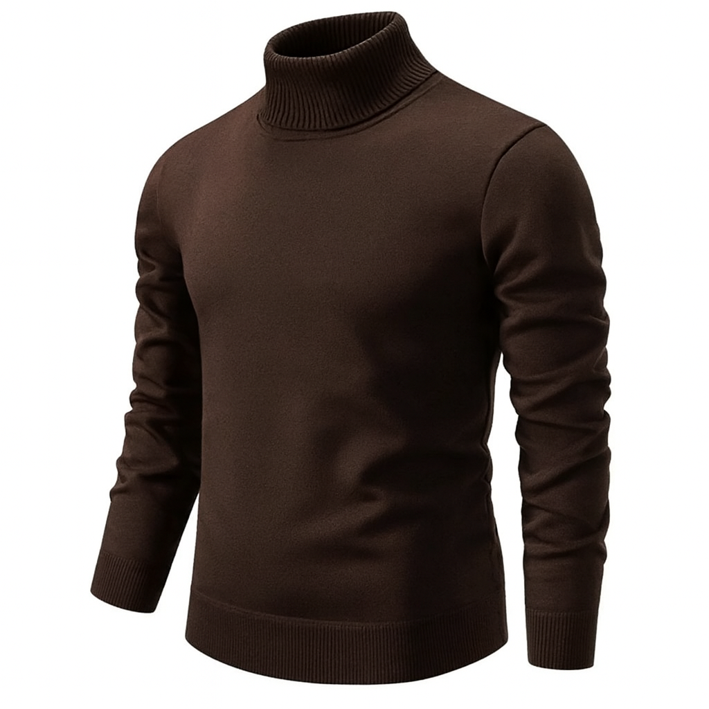 Men's fine-knit roll neck jumper with ribbed trims - brown