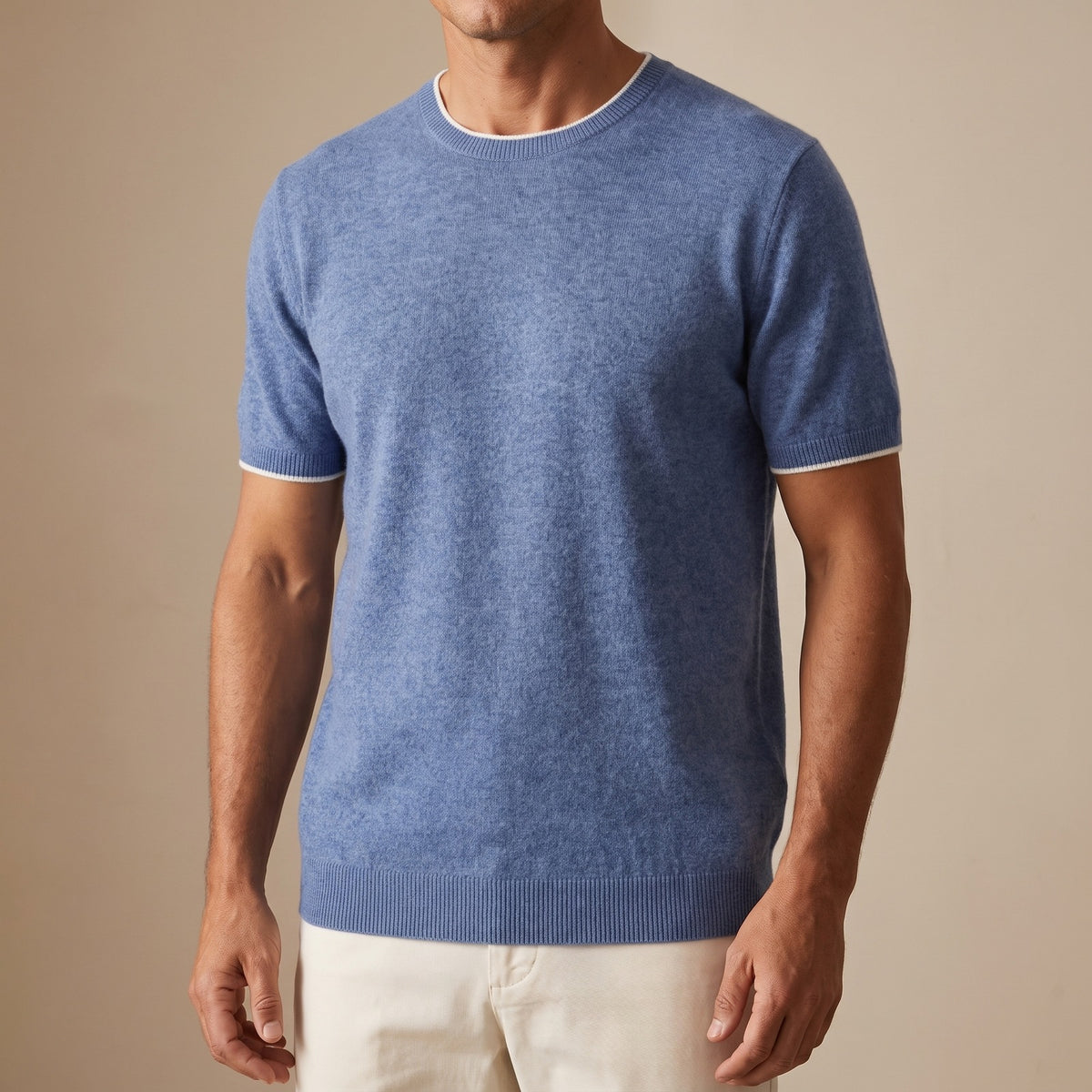 Men's fine knit T-shirt with a crew neck and narrow contrast tipping - mid blue