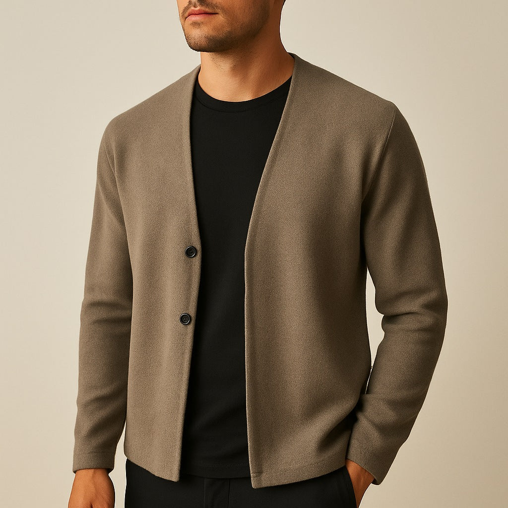 Men's fine knit cardigan with a deep V-neck and two buttons - taupe