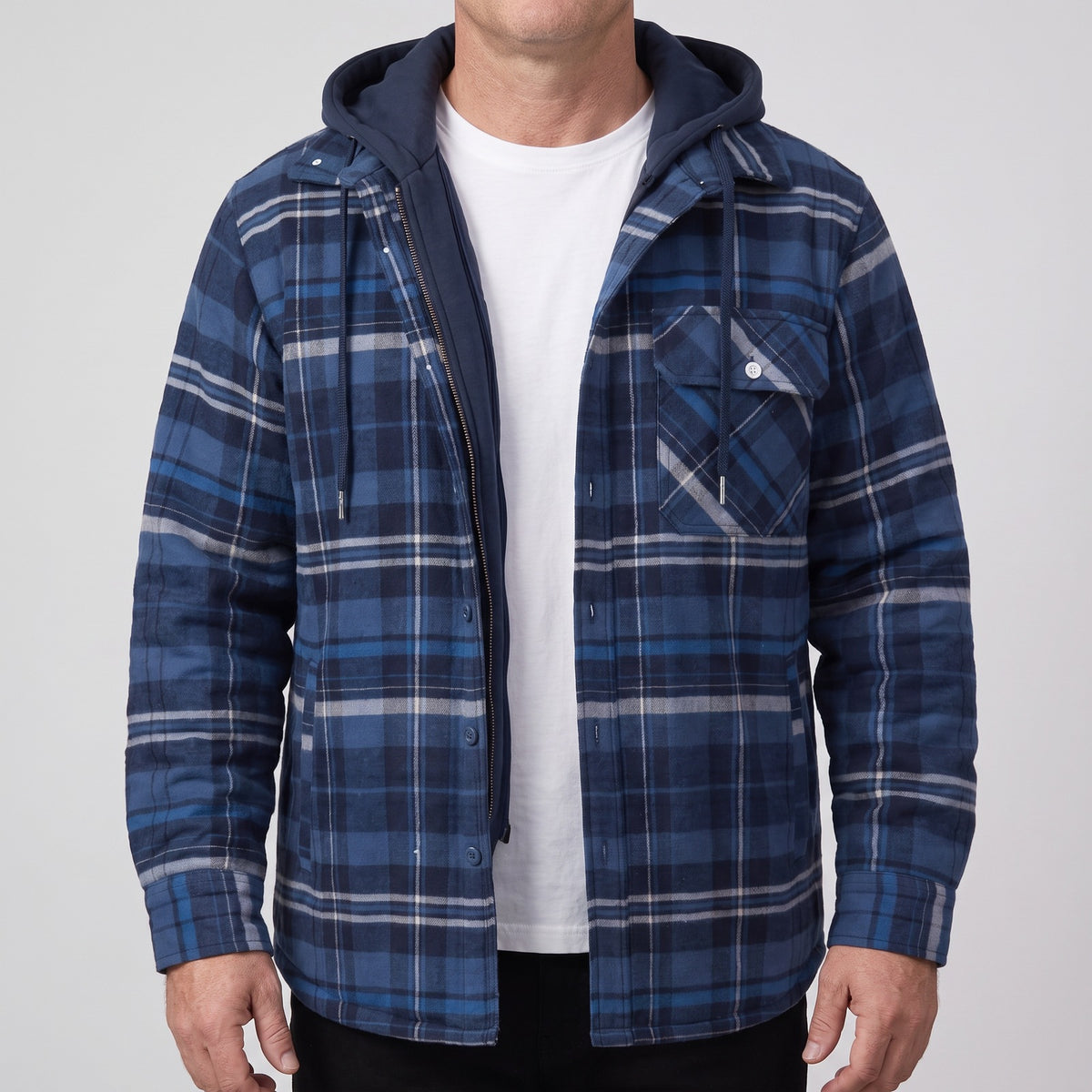 Men's checked flannel shirt jacket with a detachable hood - blue grey