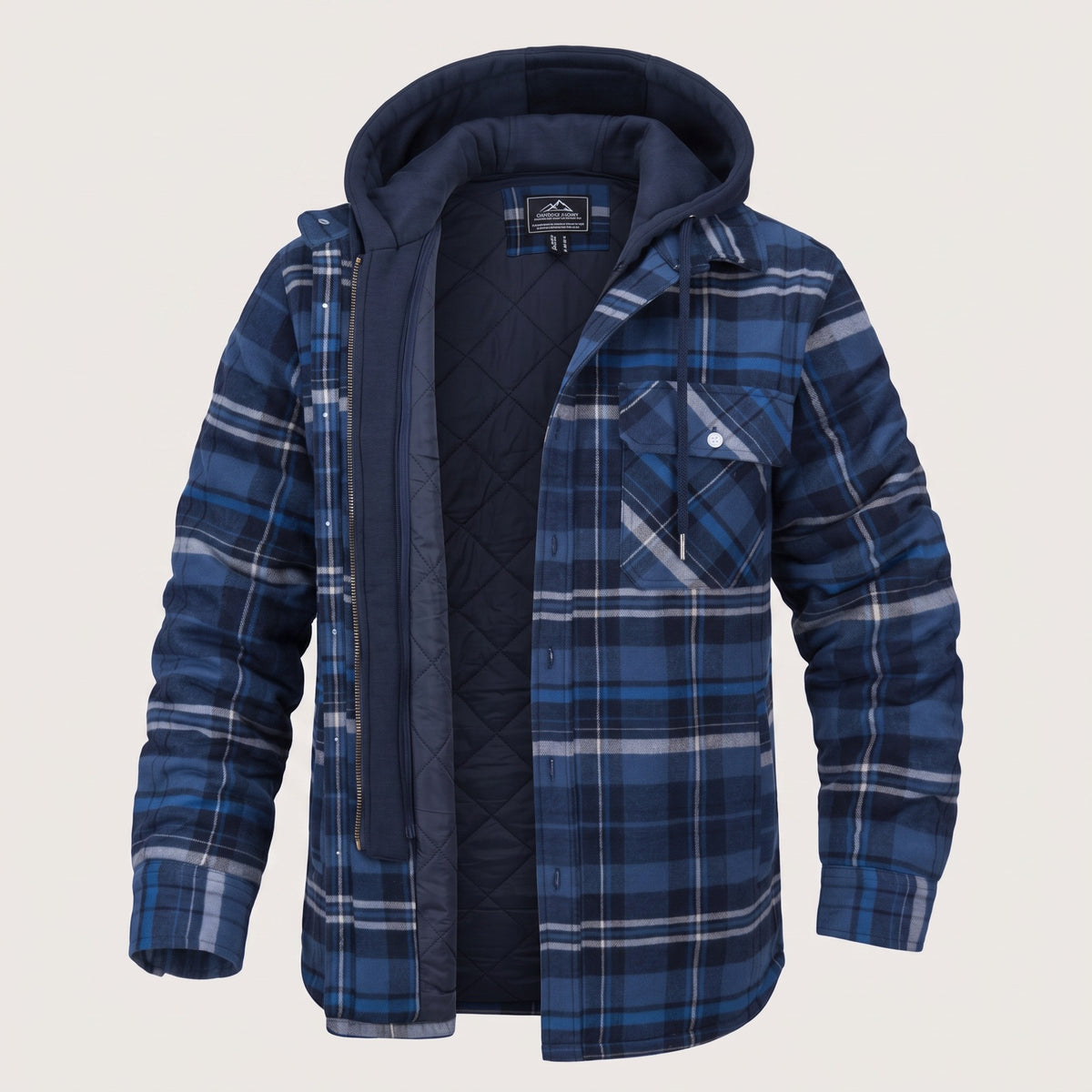 Men's checked flannel shirt jacket with a detachable hood - blue grey