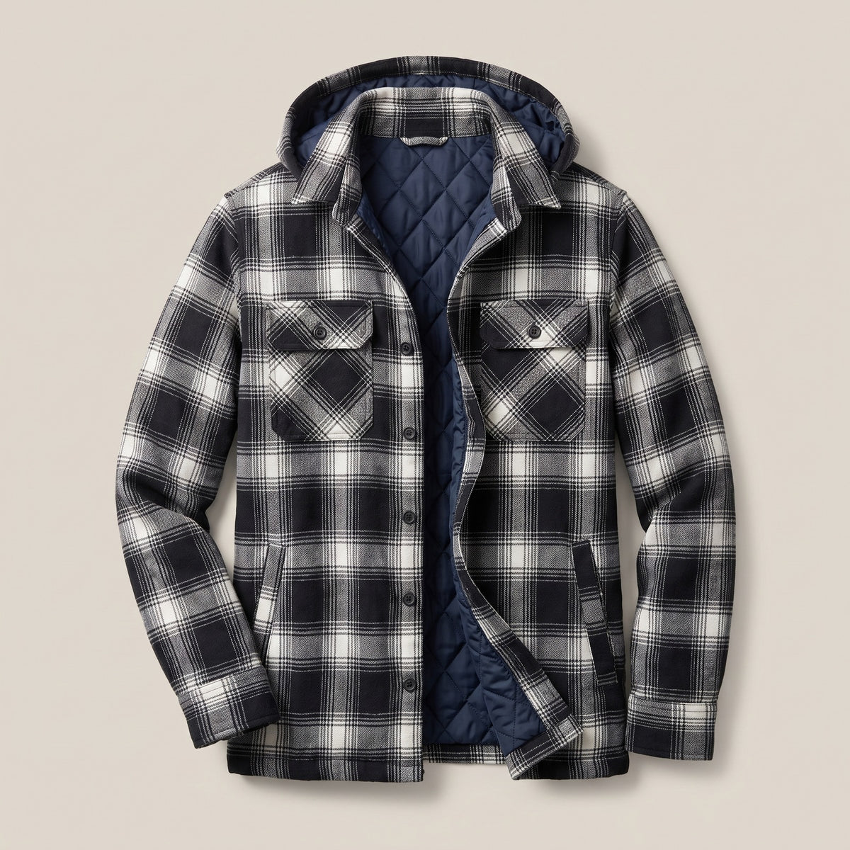 Men's checked flannel shirt jacket with a detachable hood - black and white