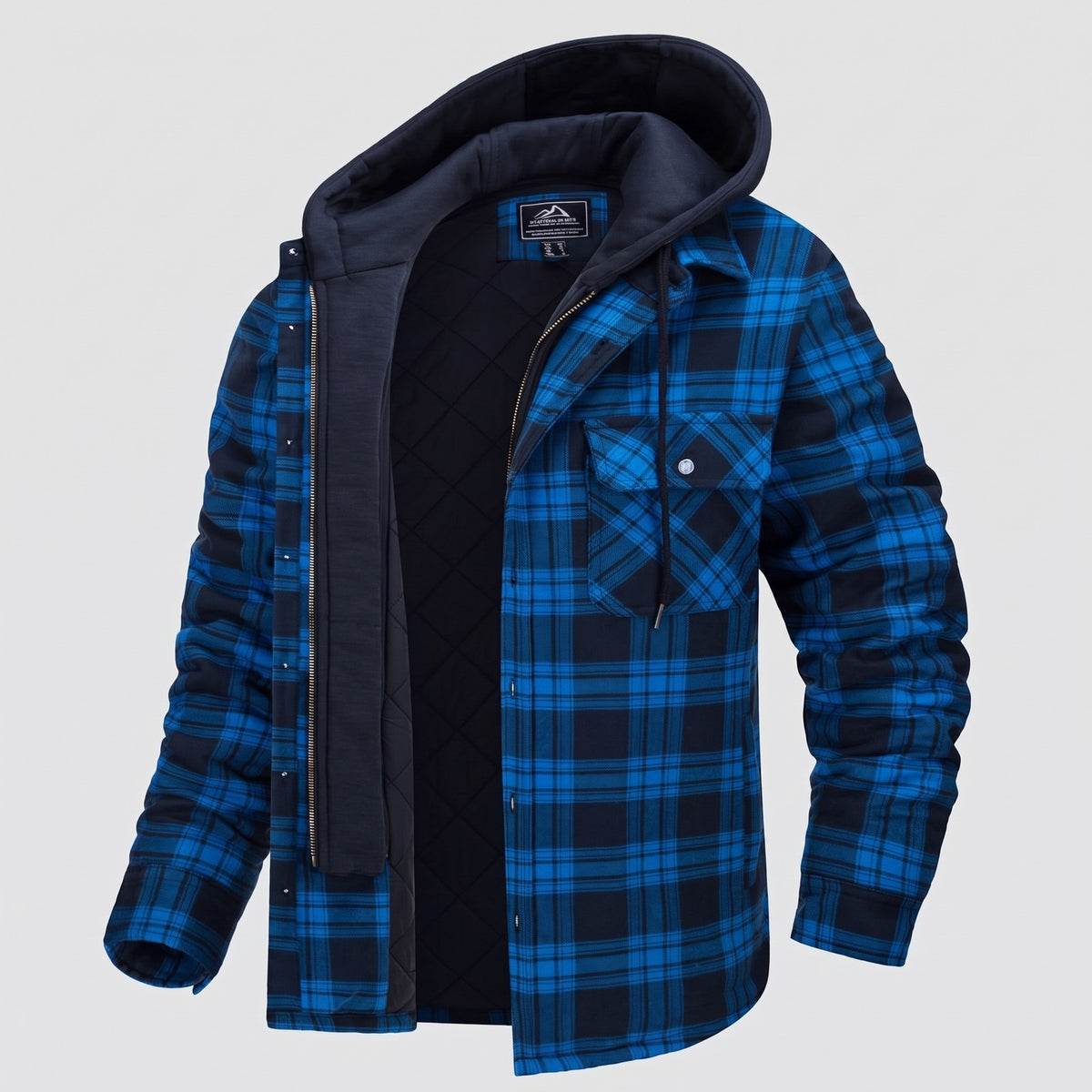 Men's checked flannel shirt jacket with a detachable hood - bright blue