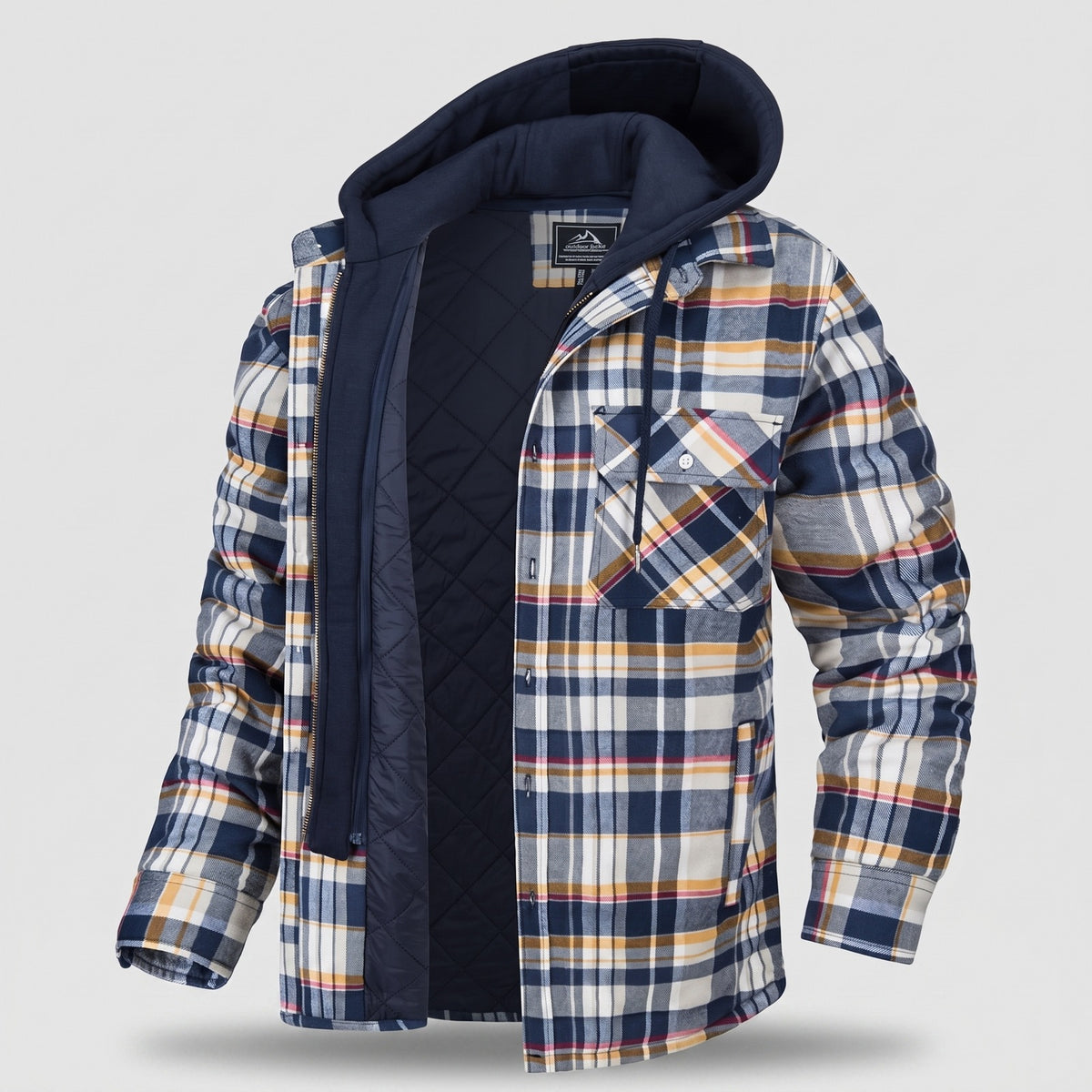Men's checked flannel shirt jacket with a detachable hood - cream and yellow