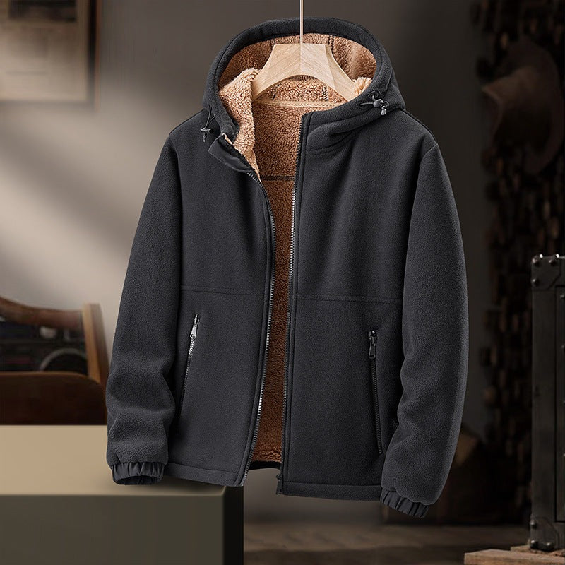 Men's fleece jacket with a teddy lining and an adjustable hood - black