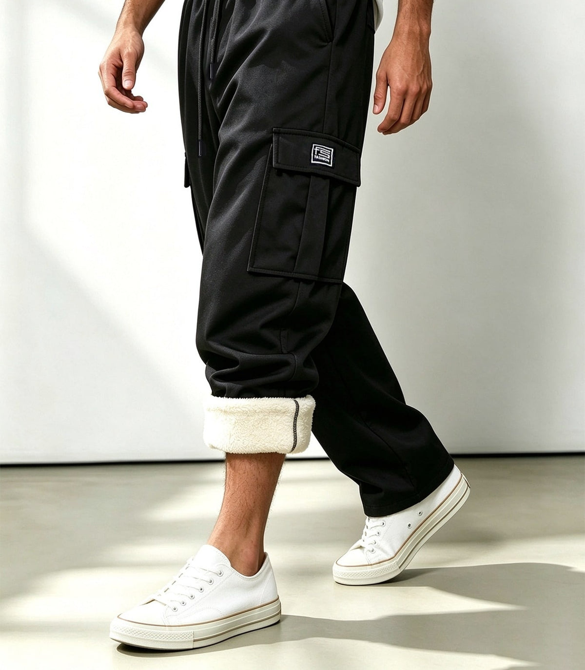 Fleece-lined cargo trousers for men with a drawcord waist, thigh flap pockets and a straight leg - view 4